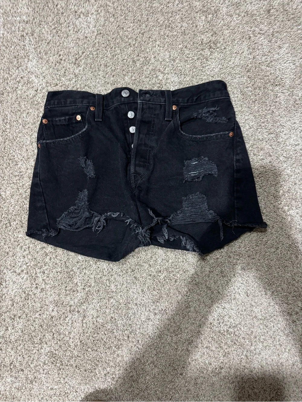 Levi's Black Distressed Button-Fly Denim Shorts